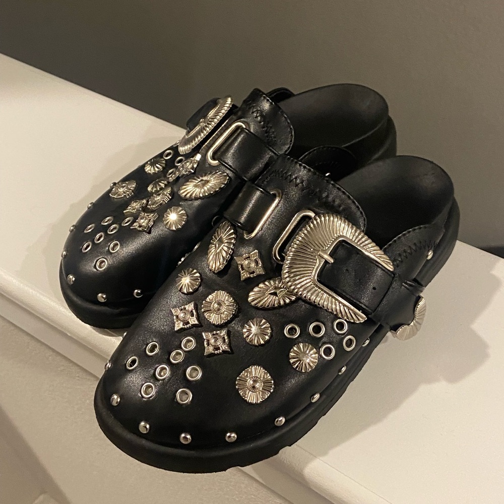 Black Studded Clogs with Silver Accents